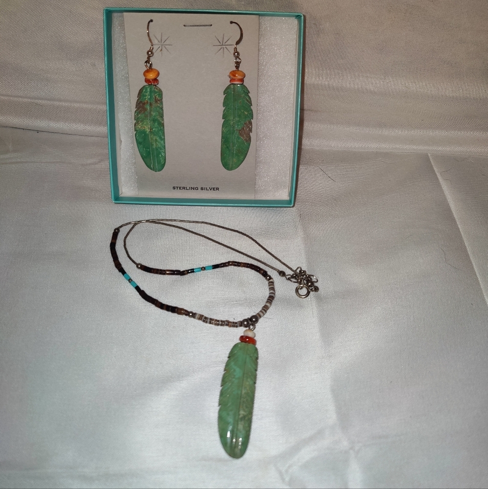 Elegant Green Feather Turquoise Earrings with Sterling Silver
